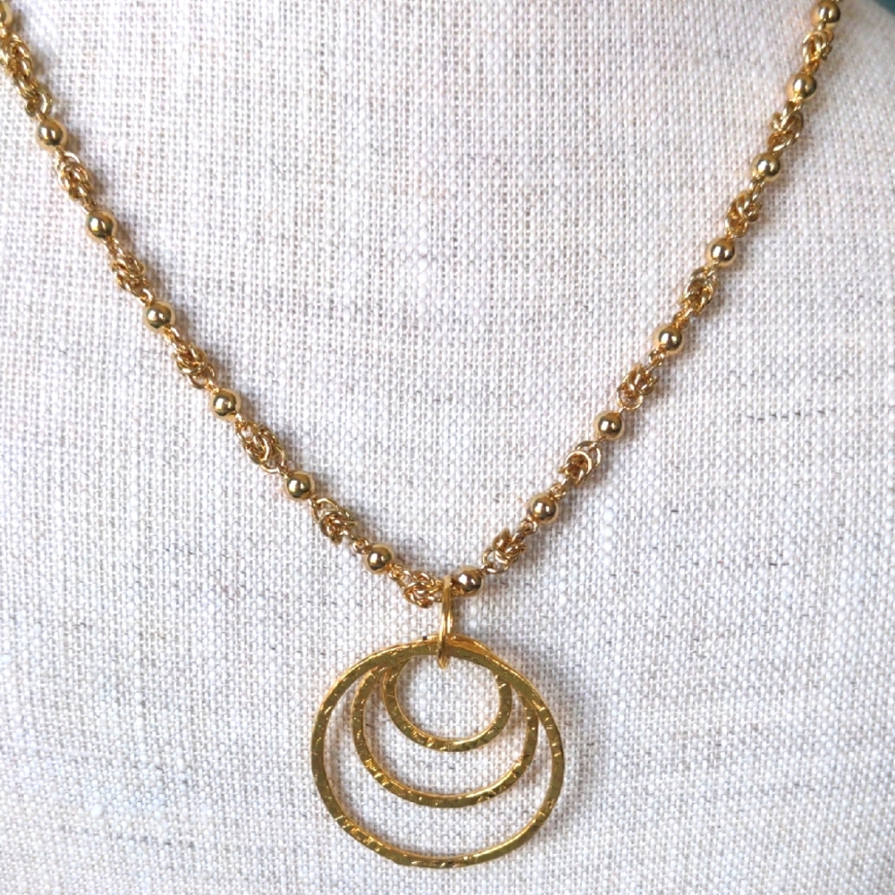 New Gold plated Necklace with Triple Hoop Pendant, Custom Chain. 18"+2"